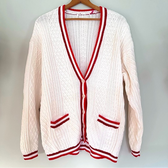 Unknown Sweaters - Retro Varsity Letterman White Red Cardigan Oversized Sz XL Taylor Swift Folklore